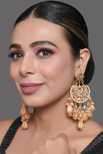 Peach Gold Tone Kundan Inspired Chandbali Earrings